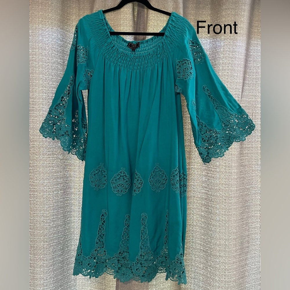 L&B Teal Smocked Bell Sleeve Dress NWT